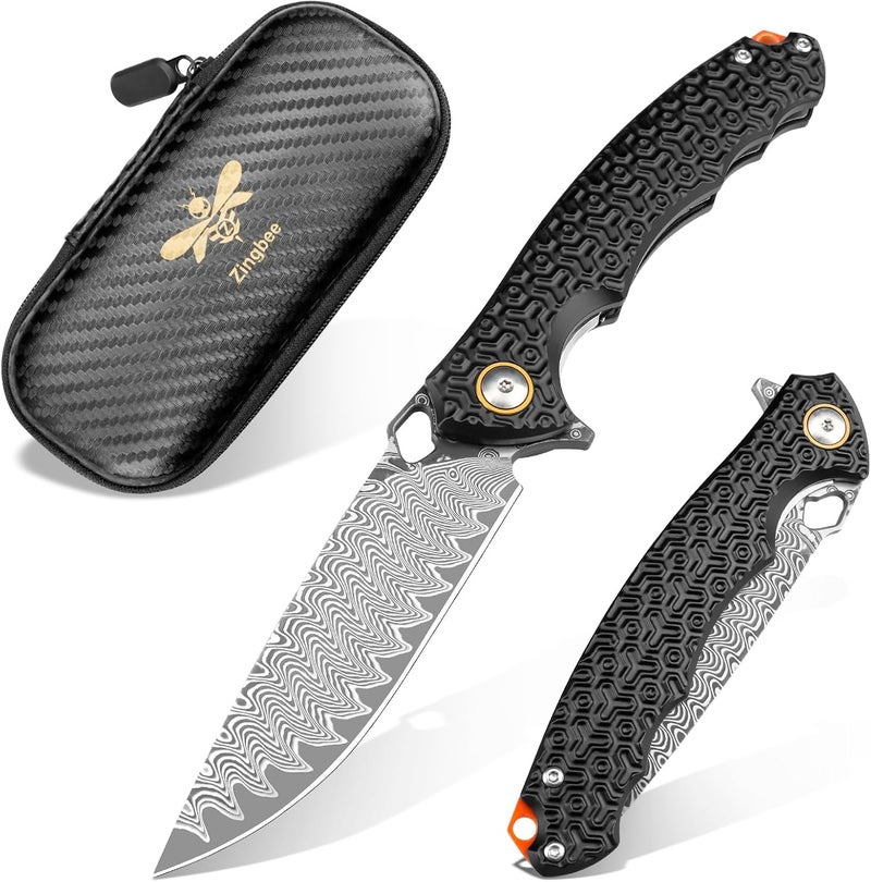 Zingbee Damascus Pocket Knife for Men Women, 3.35" VG10 Core Damascus Steel Blade Folding Knives with Black Aluminum Handle, EDC Camping Knife - Image 1